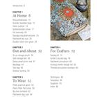 Inhaltsverzeichnis mit Kapiteln zu Heimprojekten, Outdoor-Accessoires, tragbarer Kleidung und Bastelzubehör. Musterbeutel und Laterne.