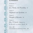 "Contents: Einführung, Kap. 1: Liebe 10, Kap. 2: Erfüllung 50, Kap. 3: Charakter 70. Verschnörkeltes blaues Muster links."