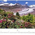 Schweiz, Aletschgletscher. Eine Alpenlandschaft mit blühenden rosa Blumen, grünen Bäumen und einem Gletscher im Hintergrund.