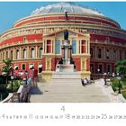 „Royal Albert Hall“ steht oben links. Großes, rundes Gebäude mit Kuppel und einer Treppe im Vordergrund.