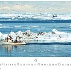 Text: "Fischerboot" und Datum. Ein kleines Boot navigiert durch eisbedecktes Wasser, Möwen fliegen umher, Berge im Hintergrund.