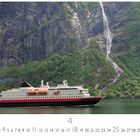 Geirangerfjord, Kalenderzahl 4. Ein Kreuzfahrtschiff vor steilen, grünen Berghängen mit Wasserfall im Hintergrund.