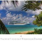 "Karibikstrand. Kreuzfahrtschiff im türkisblauen Meer, umrahmt von Palmen und Bäumen."