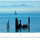 Bodensee im Morgenlicht. Silhouette von Vögeln auf Pfählen, Segelboot im blauen Wasser vor Bergen. Kalenderdarstellung.