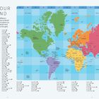 "FINDING YOUR WAY AROUND." Eine bunte Weltkarte zeigt Kontinente und Länder mit einem Gitternetz.
