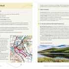 Texte: "THE WALK", "IS IT FOR ME?", "NEED TO KNOW", "THE ROUTE". Enthält Abschnitte über eine Wanderroute und Sehenswürdigkeiten. Rechts unten ist ein Bild eines Sees.