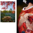 Links unten der Text "JAPAN". Links ein Boot vor einer Burg, rechts ein Kimono mit Kranich-Muster.