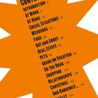 In einem orangen Stern-Design: Inhaltsangabe mit Seitennummern zu Themen wie Arbeit, Zuhause, Hochzeiten, Urlaub, Weihnachten.