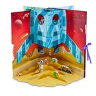 „Into the Unknown“. Astronauten und Aliens auf außerirdischem Gelände, eine Pop-up-Rakete im Zentrum der Illustration.