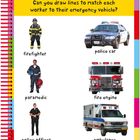 „Helpful heroes“; „Can you draw lines to match each worker to their emergency vehicle?“ Feuerwehr, Sanitäter, Polizist.