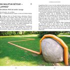 "Die Skulptur Détour – 'Umweg' ist ein diskretes Werk mit starker Aussage." Eine Skulptur mit orangefarbenem Rohr umschließt einen Felsen.