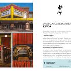 Text zu einem Kino in Detroit, genannt "Redford Theatre". Bilder: Leuchtreklame, Innensitze, roter Vorhang, Orgel.