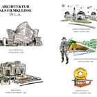Illustration mit Texten: "Architektur als Filmkulisse in L.A." Gezeigt werden stilisierte Gebäude-Skizzen.