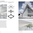 "25 | Hyparschale Magdeburg. Schema, Innenraum (großer Saal), Ansicht vom Vorplatz, Galerieebene. Modernes Gebäude mit Glasfassade."