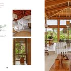 Text: "Designed as a haven of tranquility and replenishment, of energy and total integration with greenery and lightness."

Links: Gebäudezeichnung und Fotos eines Schlaf- und Wohnzimmers. Rechts: Raum mit Holzdach, großen Fenstern, Pflanzen und Möbeln.