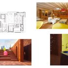 Links: Grundriss mit "Lorem ipsum" Text. Rechts: Moderner Raum mit weißen und gelben Möbeln. Unten links: Rote Treppe und bunte Sitzkissen. Unten rechts: Gelbes und braunes Badezimmer mit Becken.