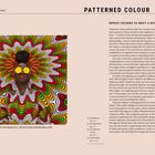 Texte: Light, Colour and Contrast. Patterned Colour. Camo 34. Beschreibung: Frau mit buntem, welligem Muster in Rot, Gelb, Grün.