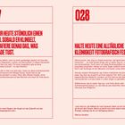 027: Stell dir heute stündlich einen Wecker, fotografiere, was du gerade tust.  
028: Halte eine alltägliche Kleinigkeit fotografisch fest.  
Zwei rote, nummerierte Textfelder auf beigem Hintergrund.