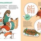 **Ein Nationalgericht**: Sushi-Ursprünge in China und Japan beschrieben. Illustrationen von Sushi-Rollen und Fischen, stilvoll gestaltet.