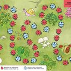 Käfer mit Zahlen bilden Pfade über Gras, Blumen und Pilze. "Käfer-Karavane B" und Anweisungen: würfeln, krabbeln.