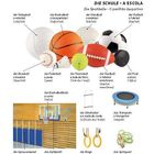 Bälle mit Bezeichnungen auf Deutsch und Portugiesisch, Sportgeräte wie Basketballkorb, Trampolin, Sprossenwand, Ringe.