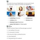 Texte: Freizeitaktivitäten ordnen; sunbathing, running, cooking, dancing, music, theatre; Sätze übersetzen.