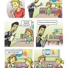 Comic mit sechs Panels. Dialoge über Mode, Getränke und eine Rechnung. Fröhliche Figuren in einem Café.