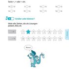 33: Größer, kleiner oder gleich? Setze >, < oder = ein. 34: Größer oder kleiner? Male alle Zahlen blau an. Ein Drache sagt "Klasse!".