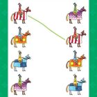 Illustration: Ritter auf Pferden mit bunten Mustern, eine grüne Linie verbindet zwei rot-weiß gestreifte Pferde.