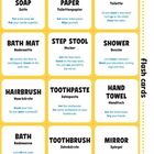 Neun quadratische Karten: Seife, Toilettenpapier, Toilette, Badematte, Hocker, Dusche, Haarbürste, Zahnpasta, Handtuch.