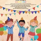 "Viele Knöpfe" in bunten Farben, Kinder feiern in Partyhüten und schicken Hemden, freudig zwischen Luftballons und Girlanden.