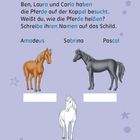 Rätsel mit drei Pferden: ein braunes, ein schwarzes, ein weißes. Namen: Amadeus, Sabrina, Pascal. Aufgabe: Namen zuordnen.