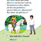Text zu einer Reitszene und einer Frage über Bibis Freund. Optionen: Mikasch, Mikosch, Nikosch. Illustration mit Pferd.