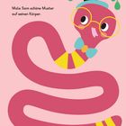 "Schlange Sam möchte hübsch aussehen. Male Sam schöne Muster auf seinen Körper." Illustration einer Schlange mit Brille.