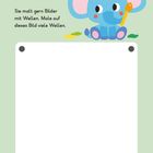 „Elefantin Ella ist eine Künstlerin. Sie malt gern Bilder mit Wellen. Male auf dieses Bild viele Wellen.“ Eine Illustration zeigt einen blauen Elefanten mit Pinsel.