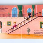Text: „...zur Belohnung...schönste Wohnung. ...standen hier, Kleider, ein Klavier.“ Rechte Seite: „Am Abend kam das Biest..."

Illustration von Wesen und Frau rutschend auf Treppe in bunter Halle, gerahmtes Bild im Hintergrund.