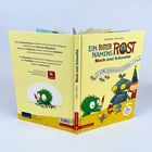 Buchtitel: "Ein Ritter namens Rost - Blech und Schwefel." Eine farbenfrohe Illustration mit einem grünen Drachen und einem Ritter.