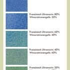 FARBMISCHUNGEN Grüntöne. Fünf Farbfelder mit Mischverhältnissen von Französisch Ultramarin und Winsorzitronengelb.