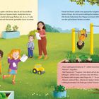 Texte: "Mein Lieblingsbuchstabe ist 'T', erklärt Anna." Szene im Garten mit spielenden Kindern und einer Lehrerin, die Aufgaben verteilt.