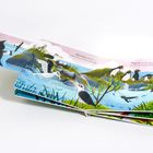 Albatrosse gleiten voller Anmut durch die Luft. Pinguine tauchen gern – es lockt der Fische-Duft. Illustration von Albatrossen und Pinguinen.