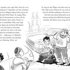 Text über ein Auto und Vater-Sohn-Gespräch. Illustration: Junge, Mann mit "Milano"-Kappe, Frau, Auto, Koffer in Stadt.