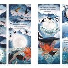 Texte erwähnen Meereswesen und Vögel, die den Mond an die Wasseroberfläche bringen. Szene voller Tiere unter Wasser und im Himmel.