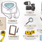 Handschuhe, Schutzanzug, Kamera, Spurensicherungsbeutel, Tatort-Absperrband, Stift und Notizblock, Lupe, Spurenmarkierung.