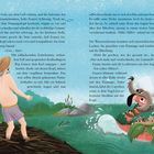 Capybara, Flamingo, Faultier und Schwäne in Aufruhr. Ein Mann mit gelbem Strohhut balanciert mit ausgestreckten Armen.