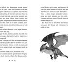 Seite mit Text über Luca, Zane und Yazmine, die zum Stadtplatz fliegen. Darunter eine Illustration von einem Reiter auf einem Drachen.