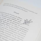 Text: „Olivenöl.“ Darunter ein Abschnitt über die Gewinnung von Olivenöl. Rechts eine Illustration von Olivenzweigen.