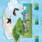 Illustration: Zwei Zebras auf grüner Wiese, darüber Pelikane im Wasser. Ein Adler und Tukan vor Regenbogen, umgeben von Bäumen.