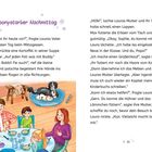 Text: Ponystarker Nachmittag. Lauras Vater fragt beim Mittagessen nach Plänen. Sophie wirft Erbsen. Familie lacht zusammen.
Illustration: Familie am Tisch mit Hunden.