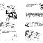 Mehrere humorvolle Fußball-Anekdoten und Sprüche auf einer schwarz-weißen Illustration mit Comic-Figuren.