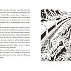 Seite aus einem Buch: Text links beschreibt eine Szene mit Bob und Justus. Rechts Illustration: Zug, Berge, Personen nahe Gleisen.